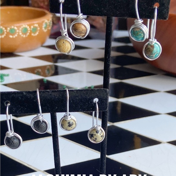 Alquimia silver and picture Jasper drop earrings wire wrap - Picture 2 of 6